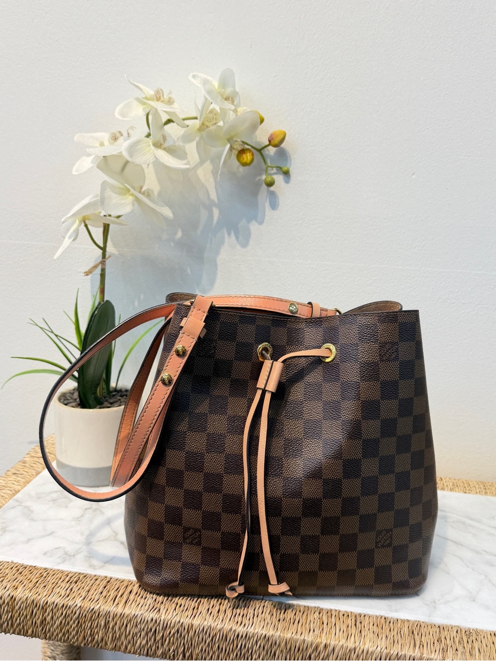 Louis Vuitton Damier Ebene Drawstring Bucket Bag Pink Trim